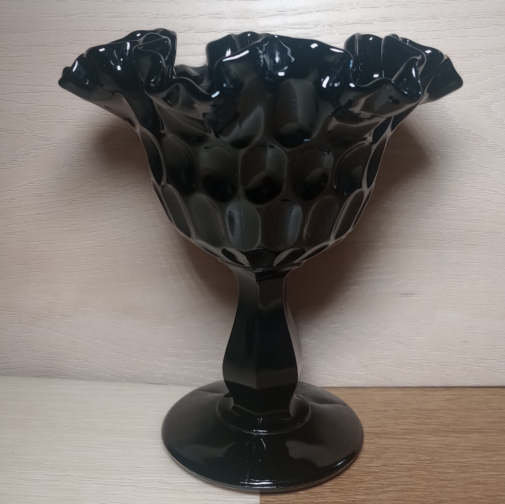 Fenton Vintage Black Pedestal Thumb Print Ruffled/Crimped Edge Candy Dish